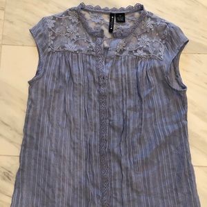 Cap-sleeve lavender blouse, lace yoke. Petites